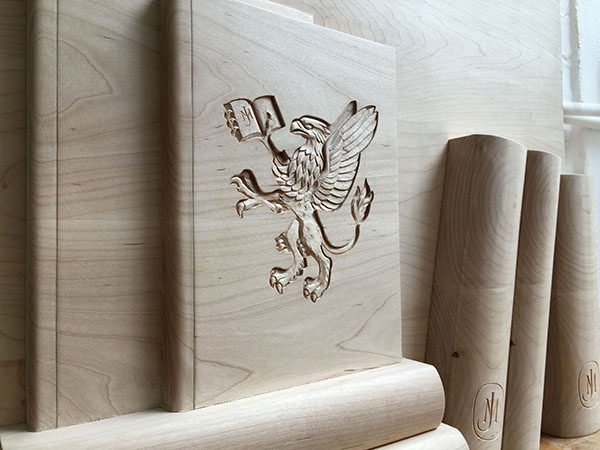Bespoke carved wooden panel for John Murray Press UK - Heraldic carving
